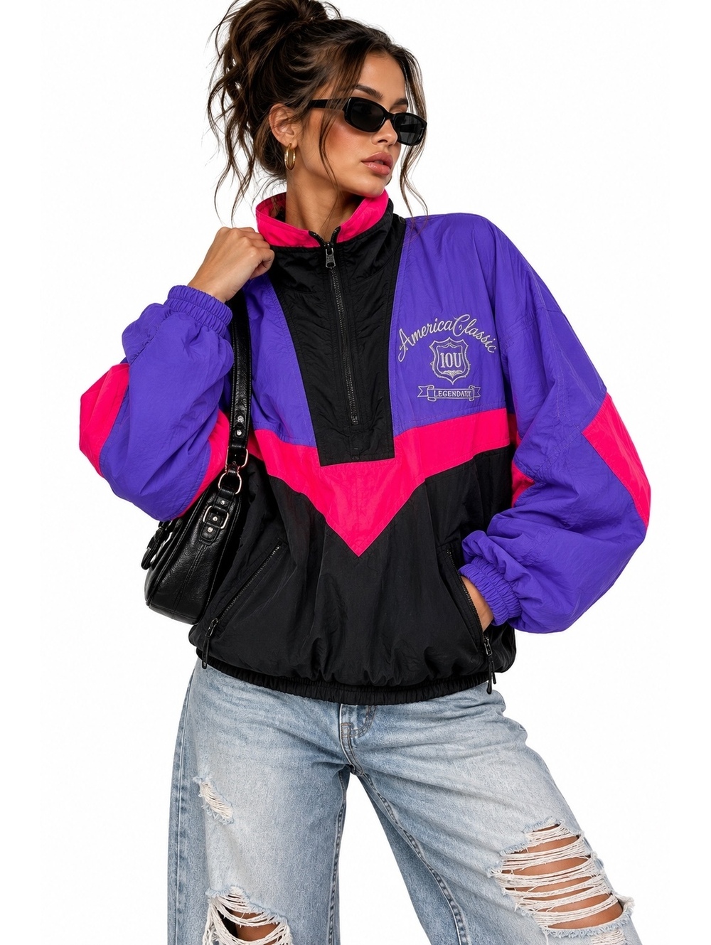 Vintage IOU Sportswear Windbreaker Medium 90s Purple Pink Black Colorblock